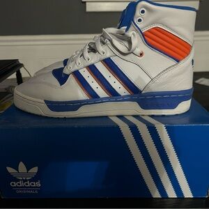 Adidas Originals White and Blue High-Tops with Orange Accents